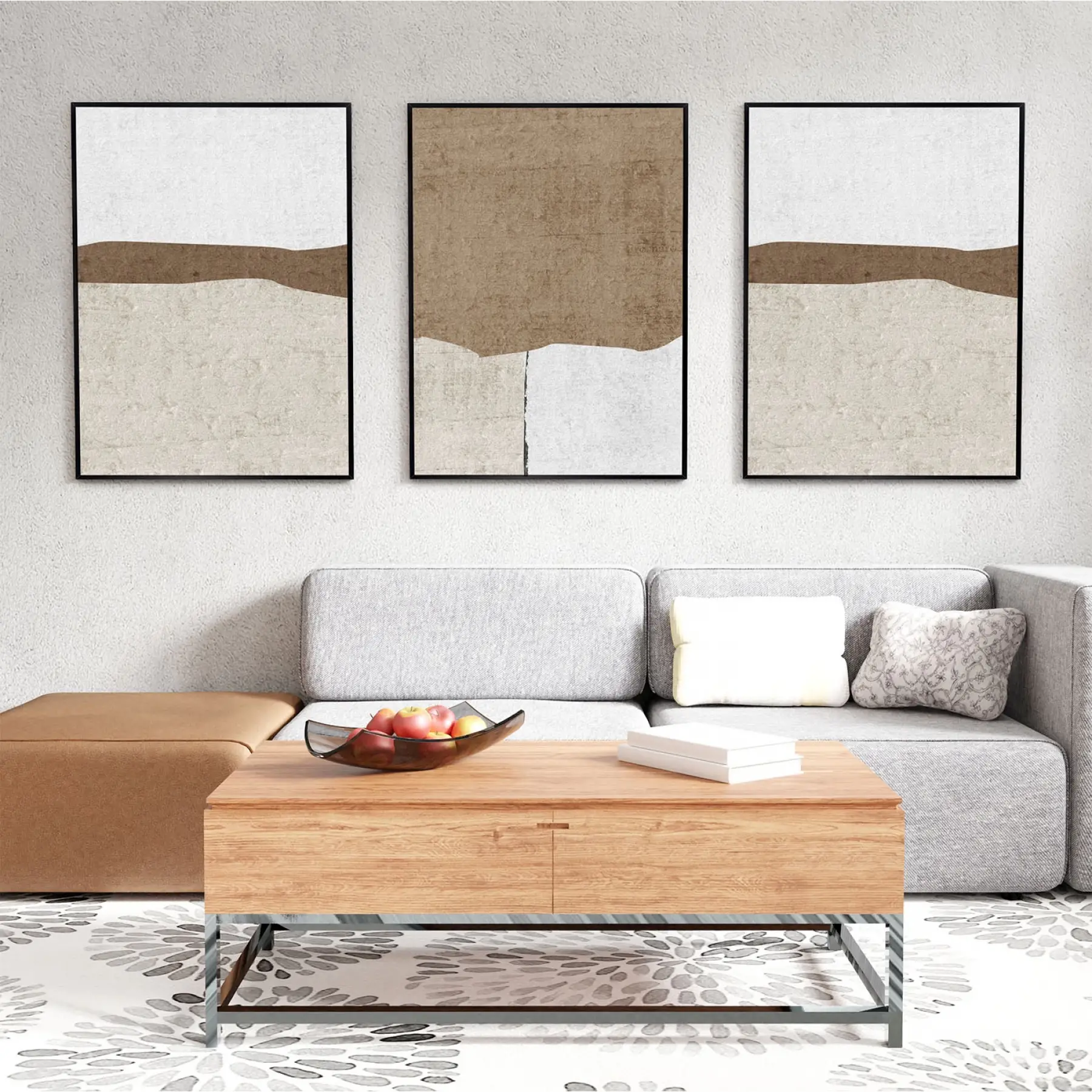 Soyut Tasarım Desenli Üçlü Metal Çerçeveli Tablo Seti