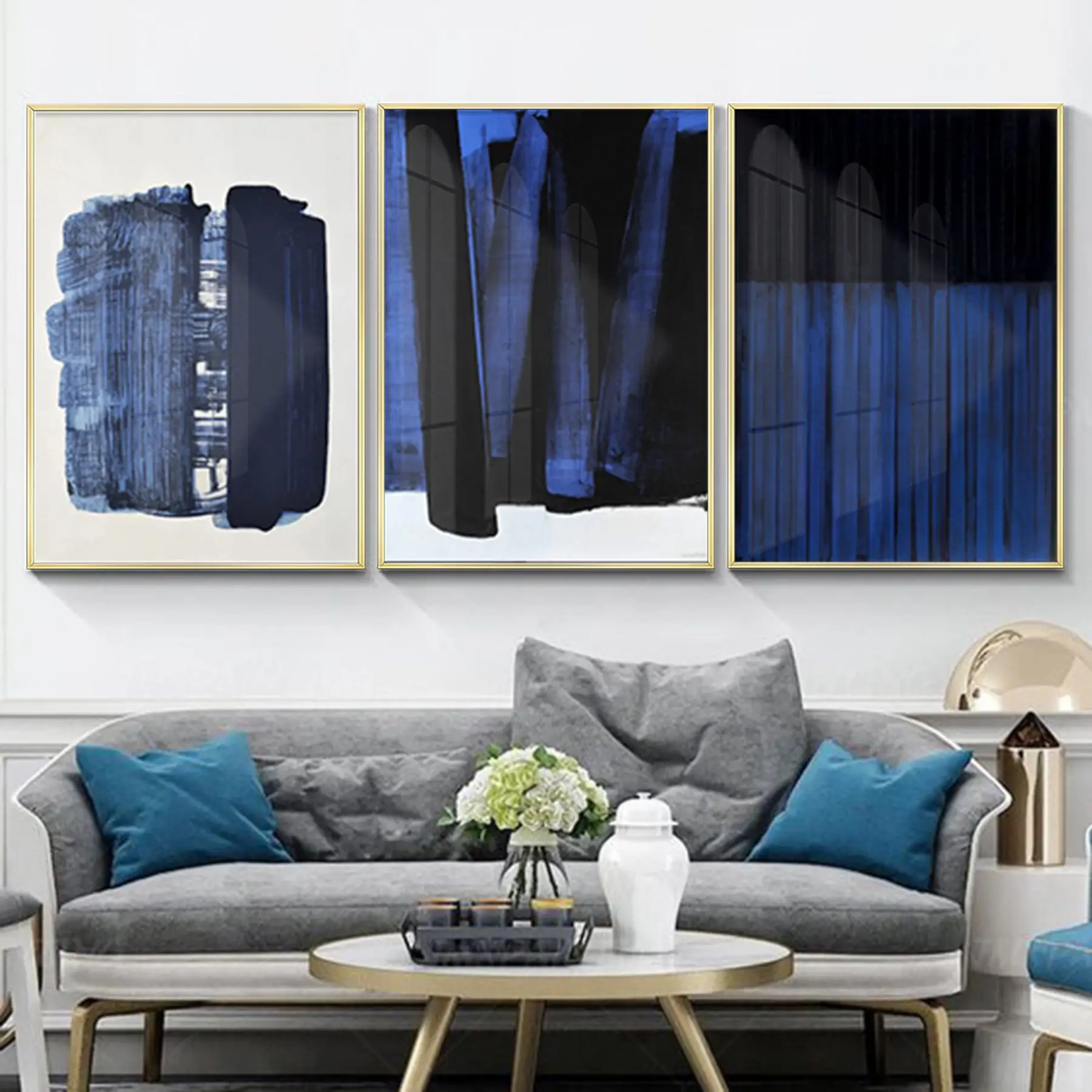 Soyut Tasarım Metal Çerçeveli Tablo Seti. Altın