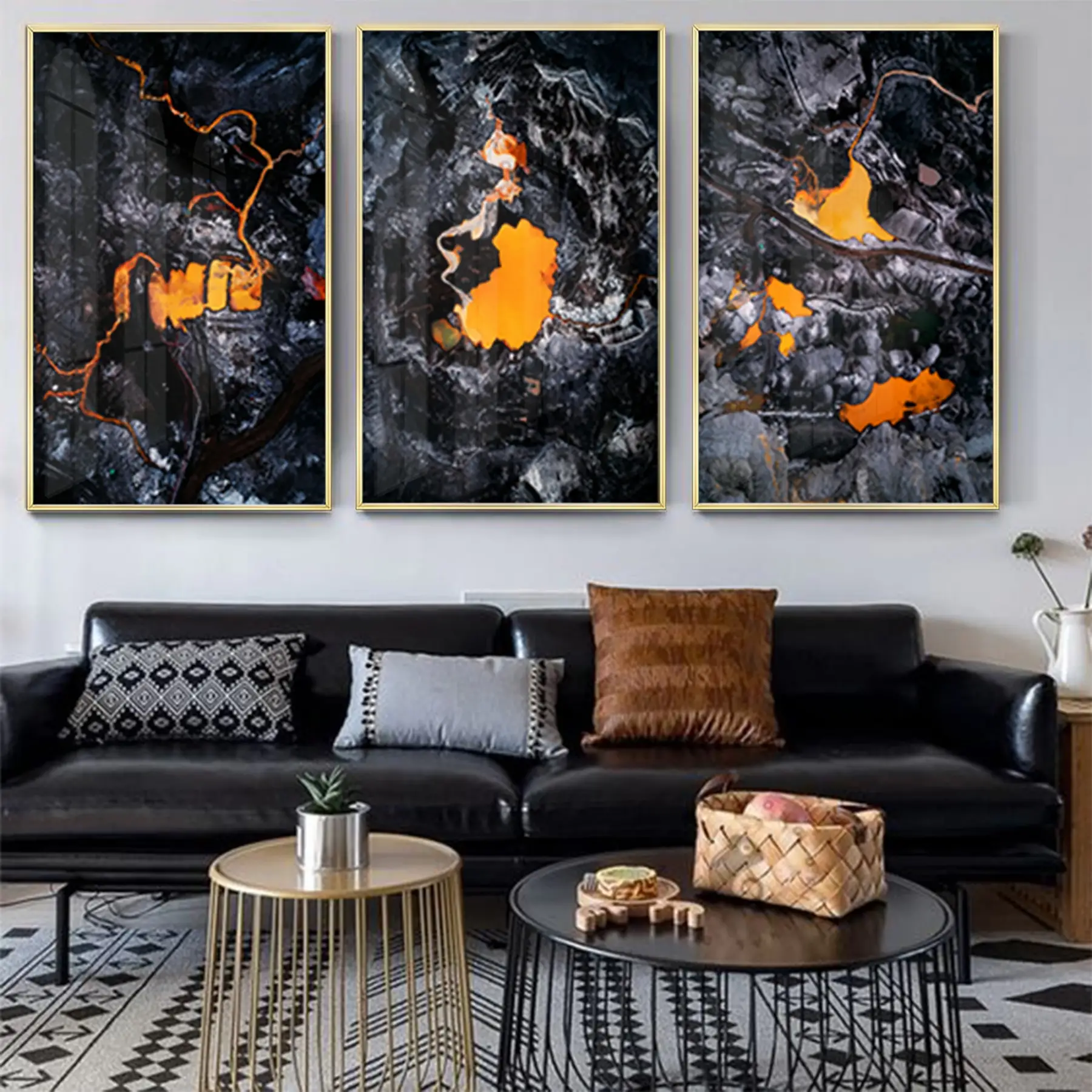 Soyut Tasarım Metal Çerçeveli Tablo Seti Altın