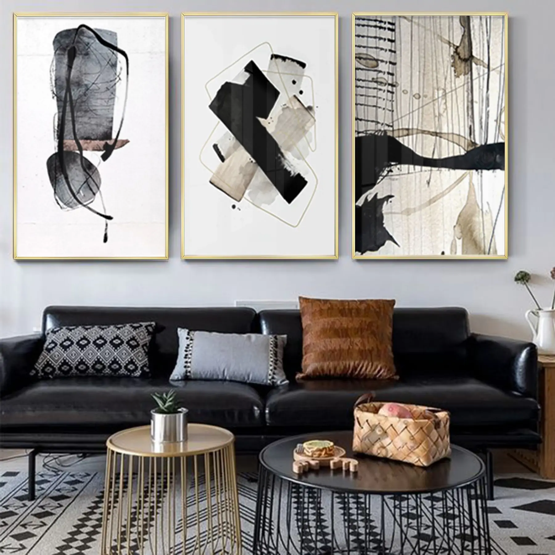 Soyut Tasarım Metal Çerçeveli Tablo Seti. Altın