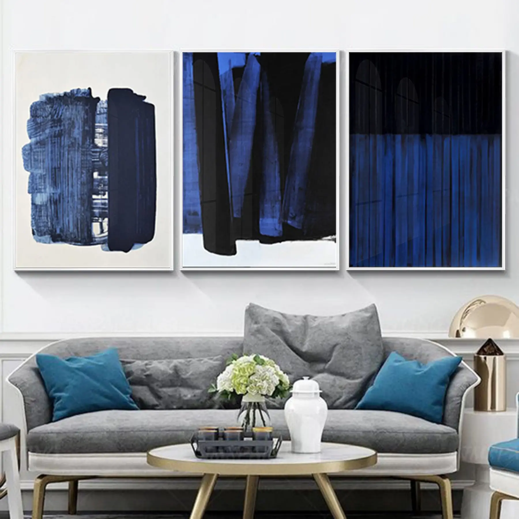 Soyut Tasarım Metal Çerçeveli Tablo Seti. Beyaz