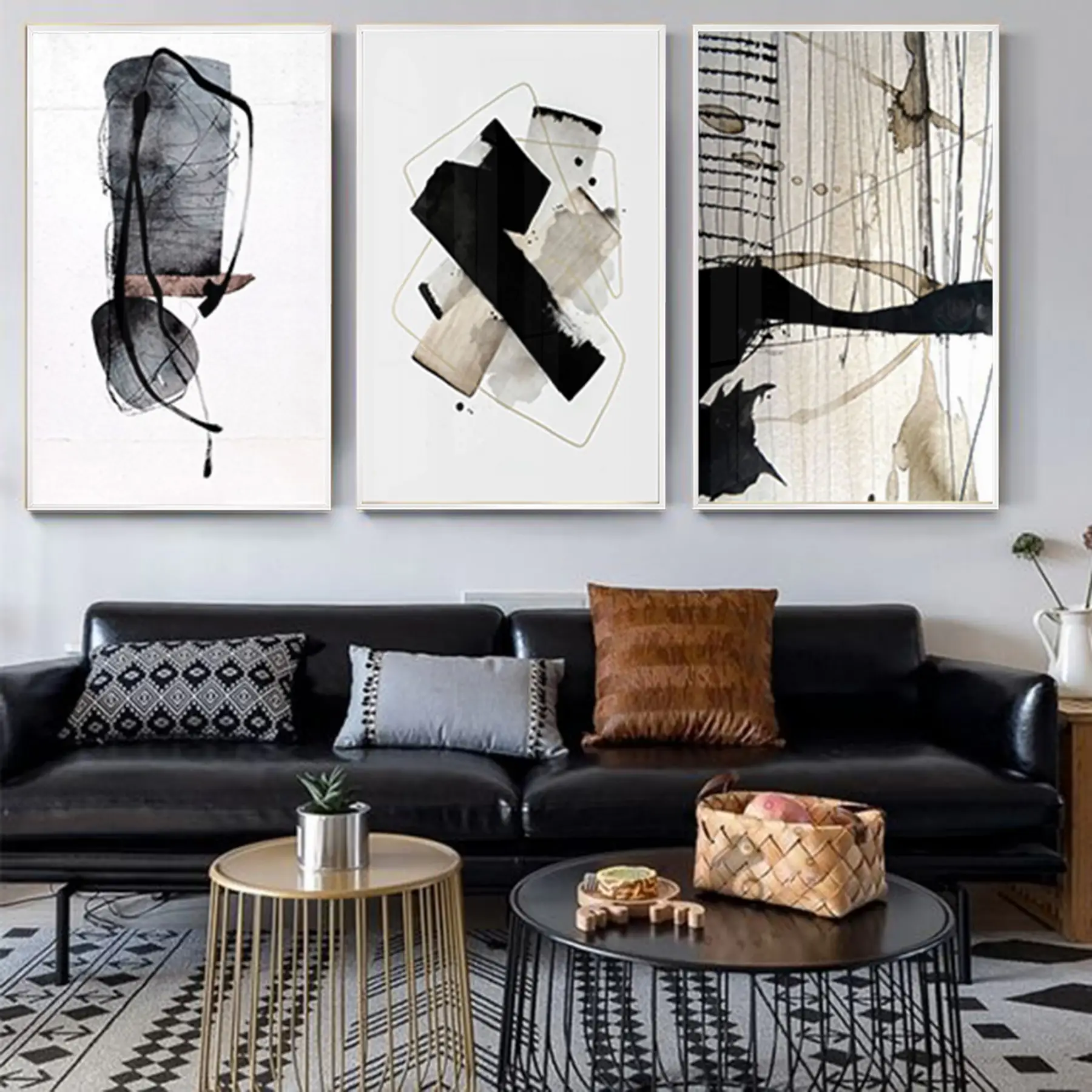 Soyut Tasarım Metal Çerçeveli Tablo Seti. Beyaz