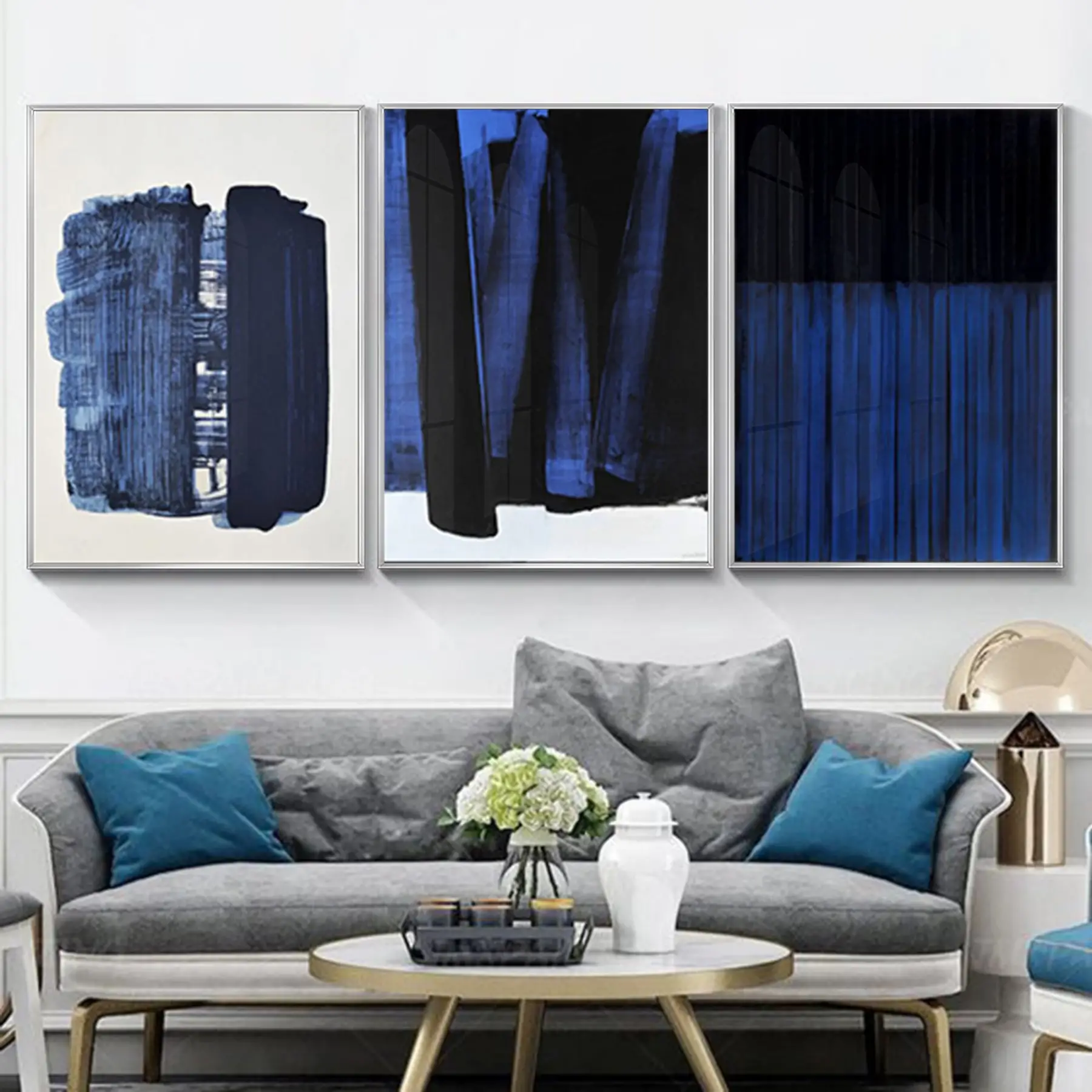 Soyut Tasarım Metal Çerçeveli Tablo Seti. Gümüş