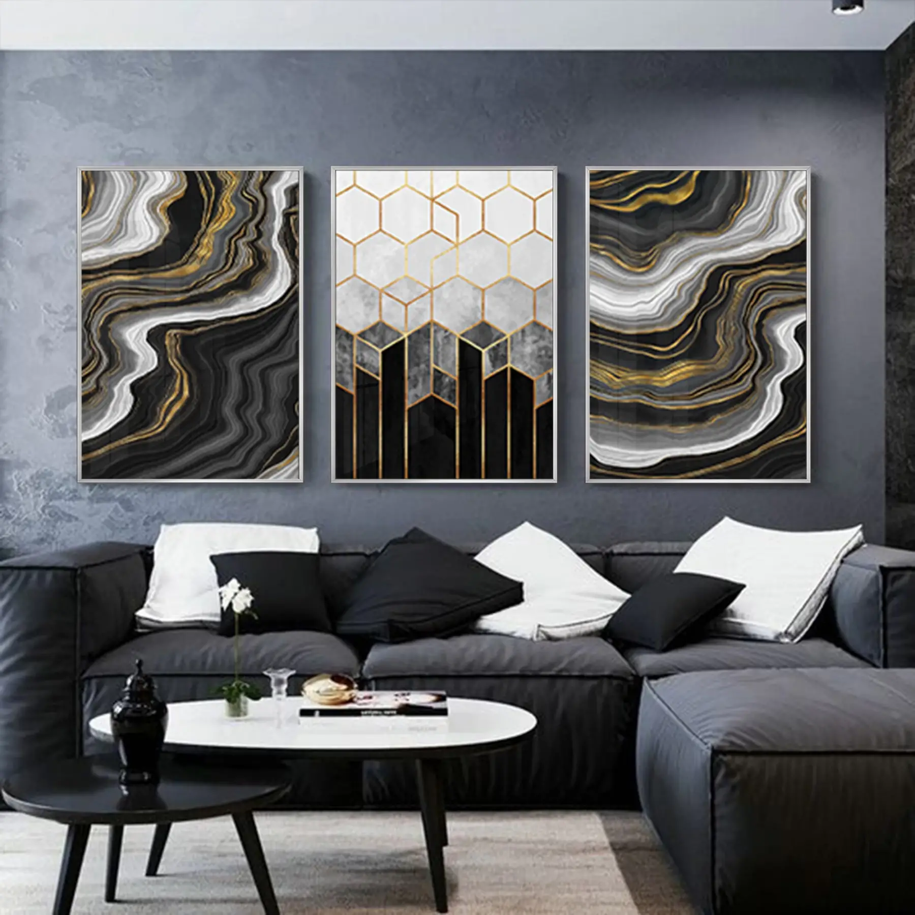 Soyut Tasarım Metal Çerçeveli Tablo Seti. Gümüş