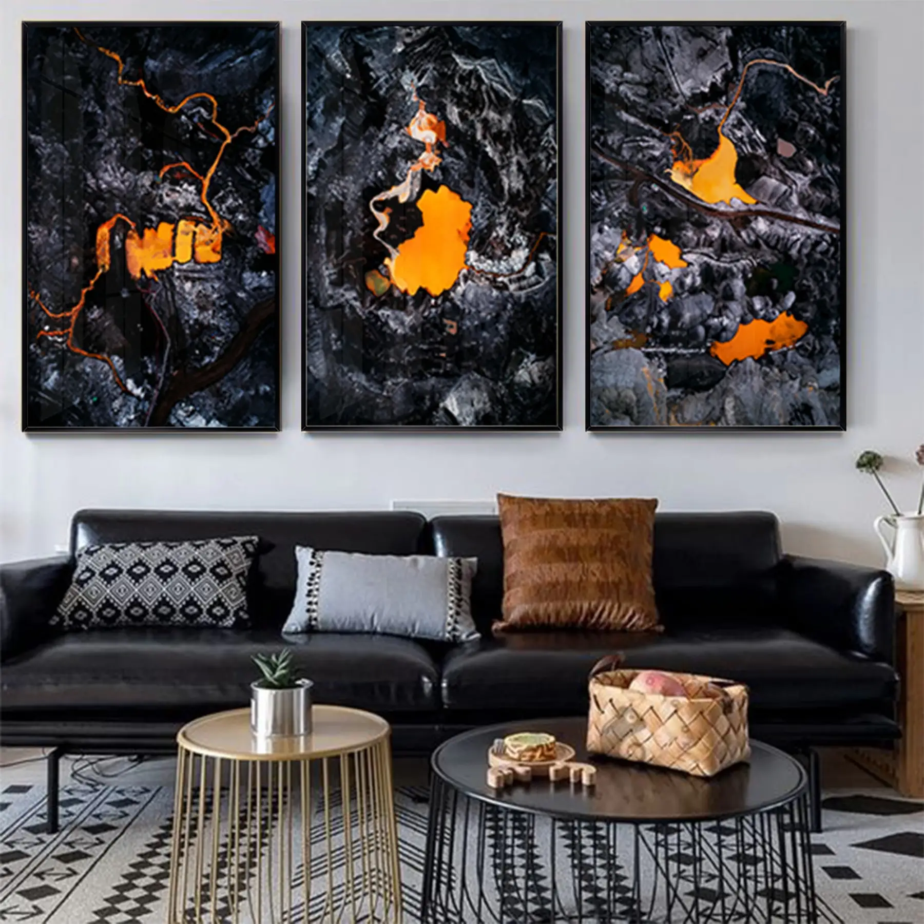 Soyut Tasarım Metal Çerçeveli Tablo Seti Siyah