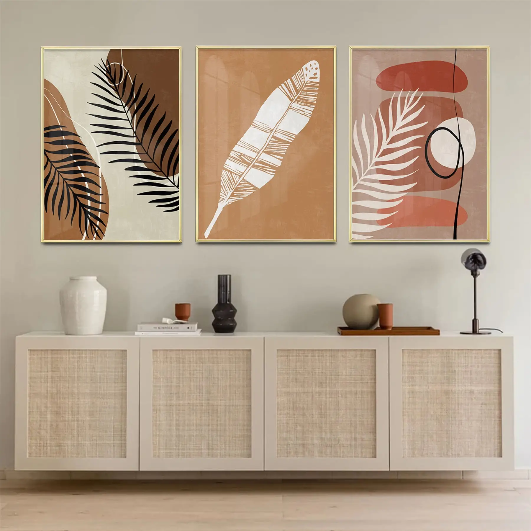 Soyut Tasarım Üçlü Metal Çerçeveli Tablo Seti