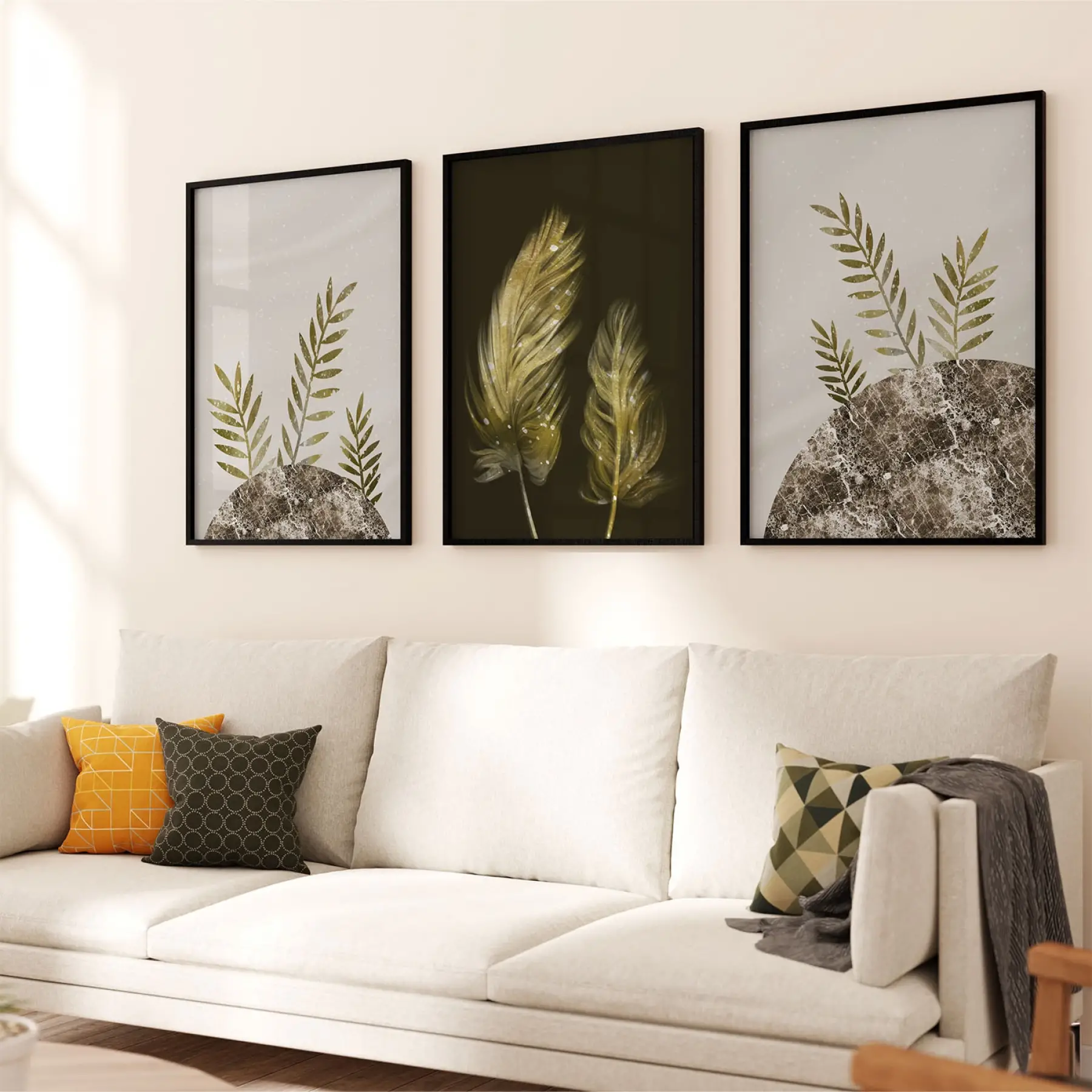 Soyut Yapraklar Desenli Üçlü Metal Çerçeveli Tablo Seti