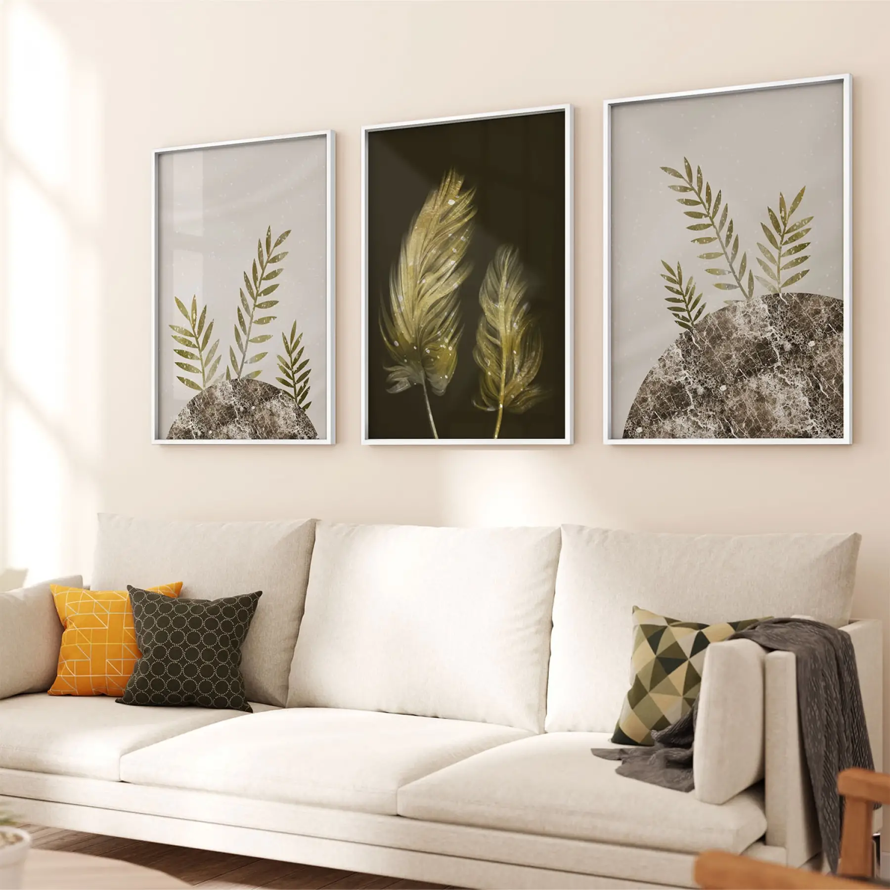 Soyut Yapraklar Desenli Üçlü Metal Çerçeveli Tablo Seti