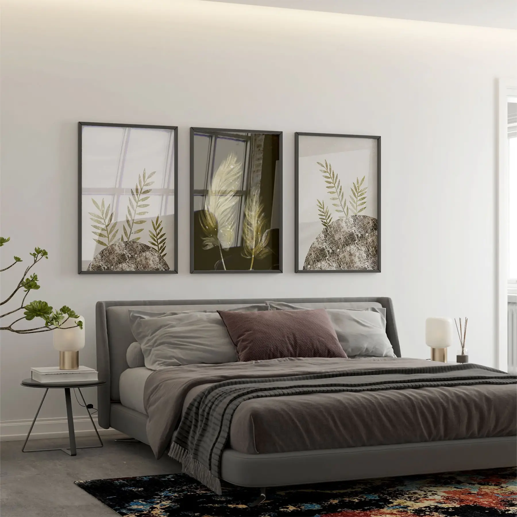 Soyut Yapraklar Desenli Üçlü Metal Çerçeveli Tablo Seti