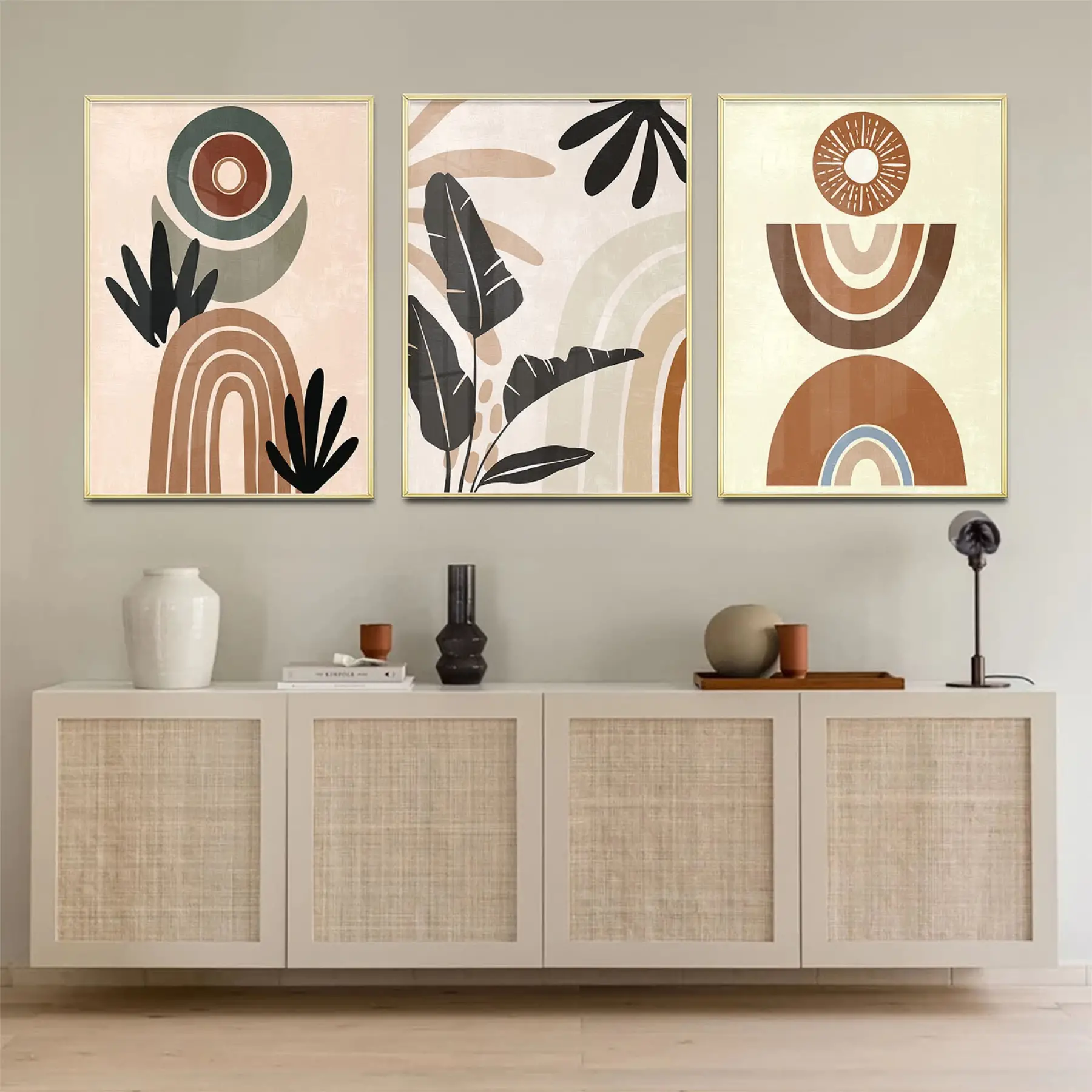 Soyut Yapraklar Detaylı Üçlü Metal Çerçeveli Tablo Seti
