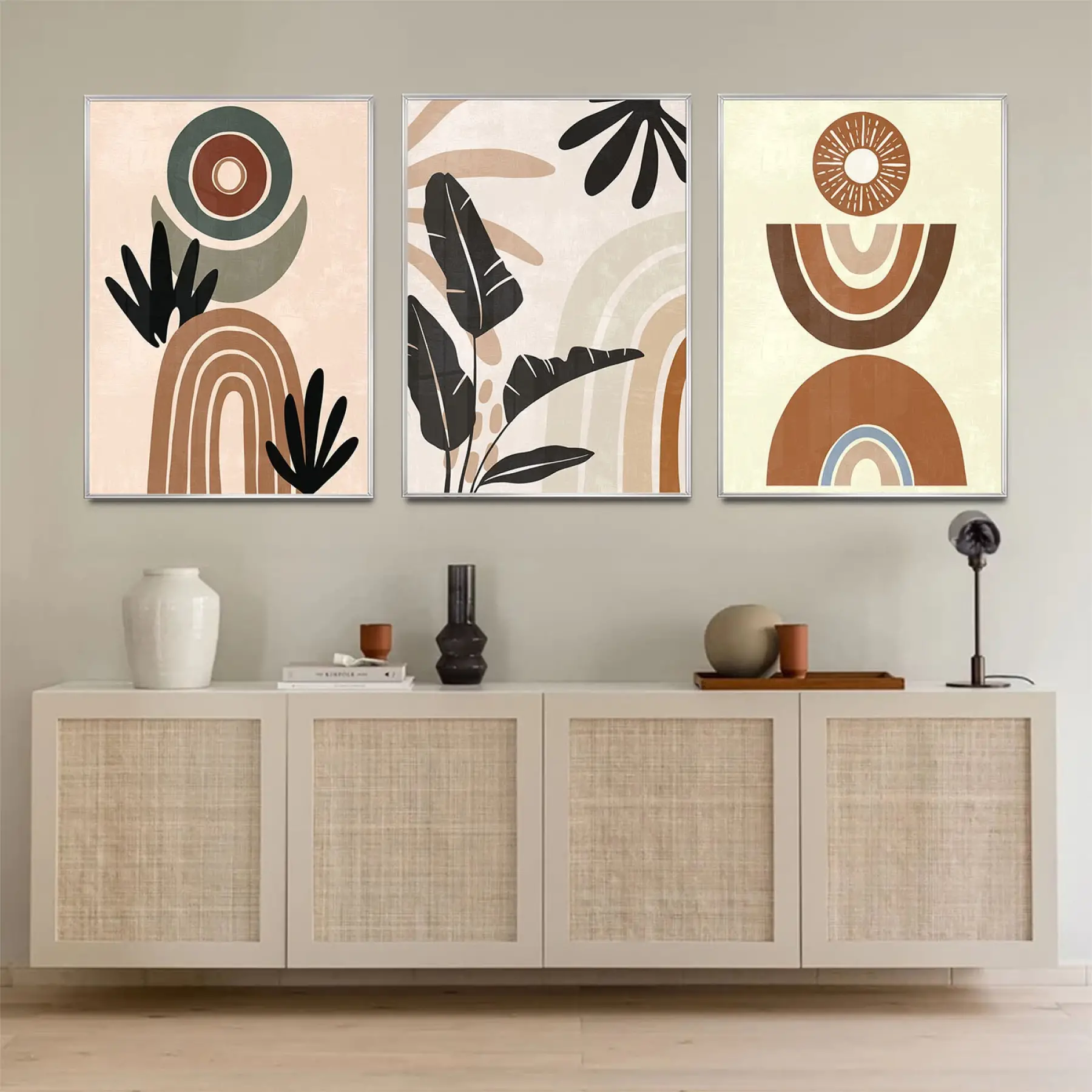 Soyut Yapraklar Detaylı Üçlü Metal Çerçeveli Tablo Seti