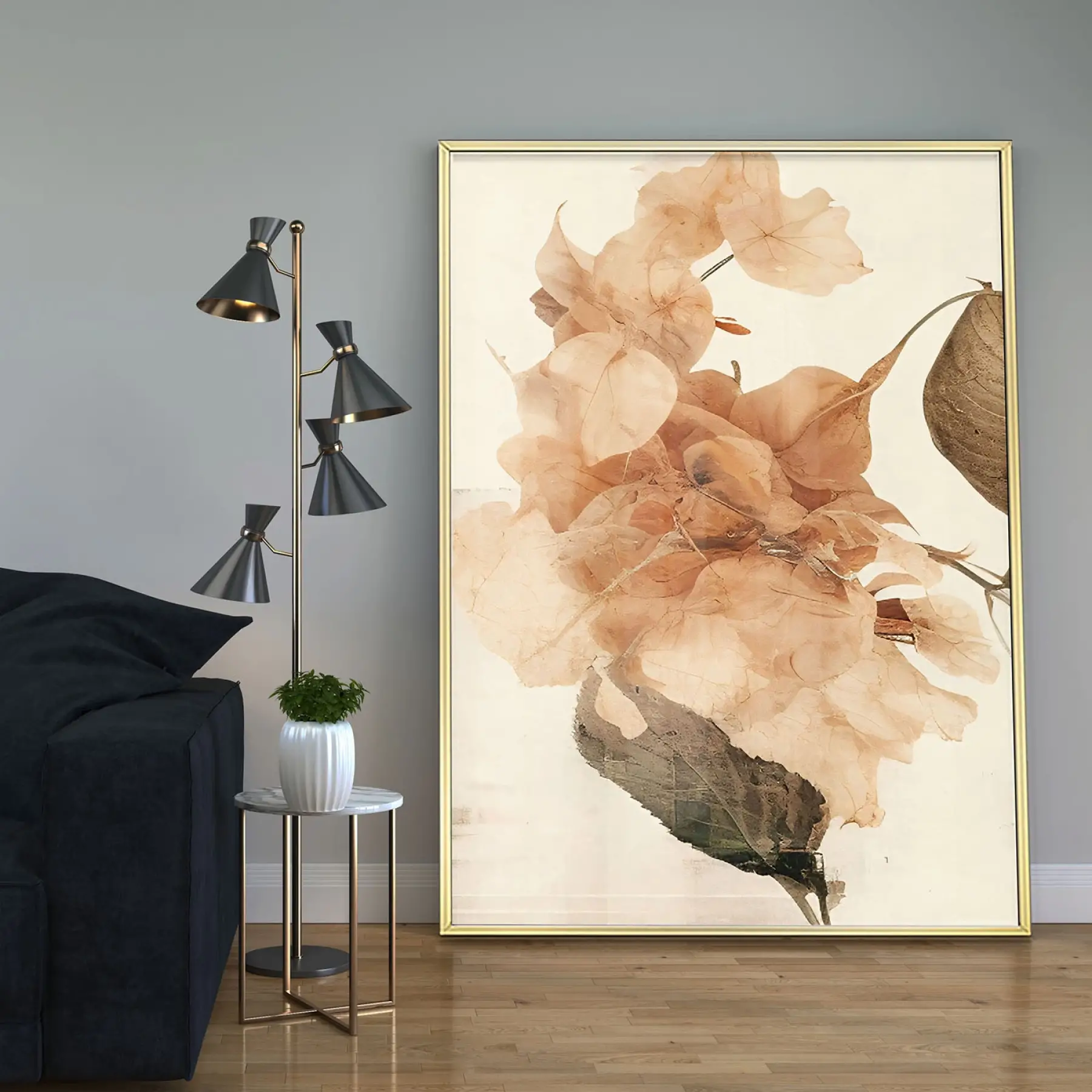 Turuncu Soyut Çiçek Desenli Tekli Metal Çerçeveli Tablo