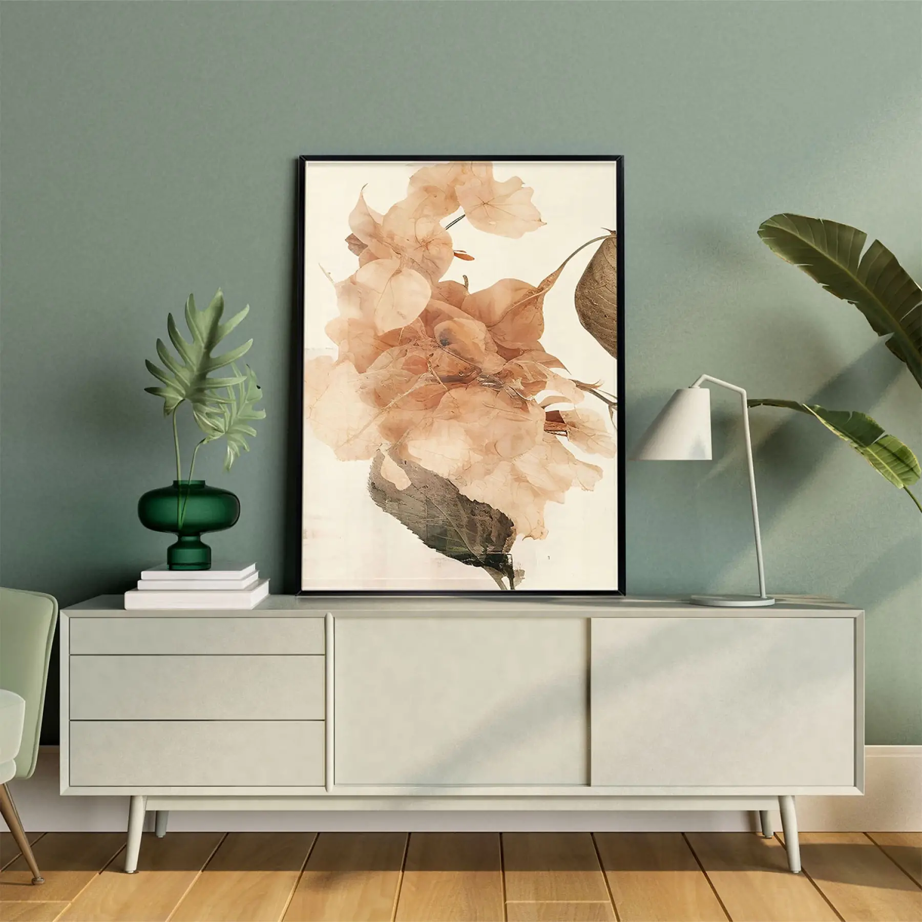 Turuncu Soyut Çiçek Desenli Tekli Metal Çerçeveli Tablo