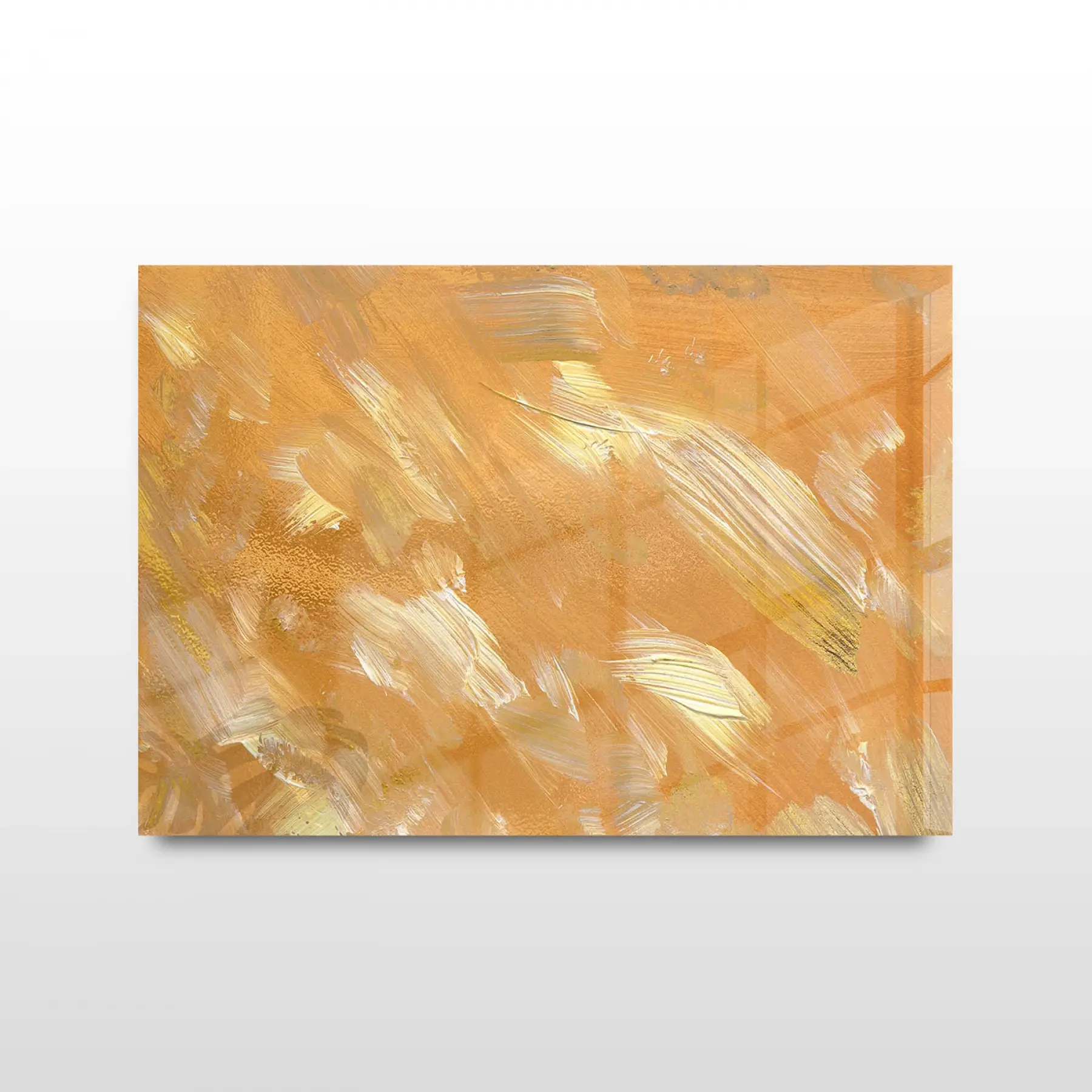 Turuncu Üzerinde Sarı Fırça Detayları Tekli Yatay Cam Tablo