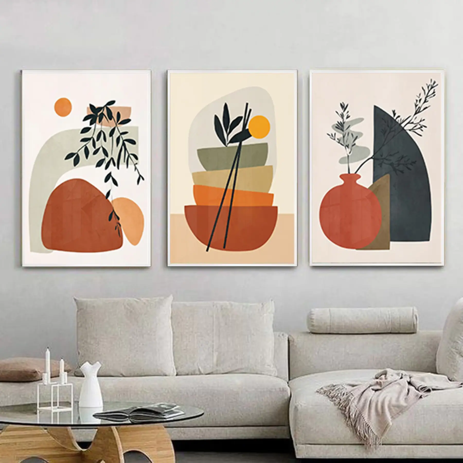 Turuncu Ve Krem Detaylı Metal Çerçeveli Tablo Seti Beyaz