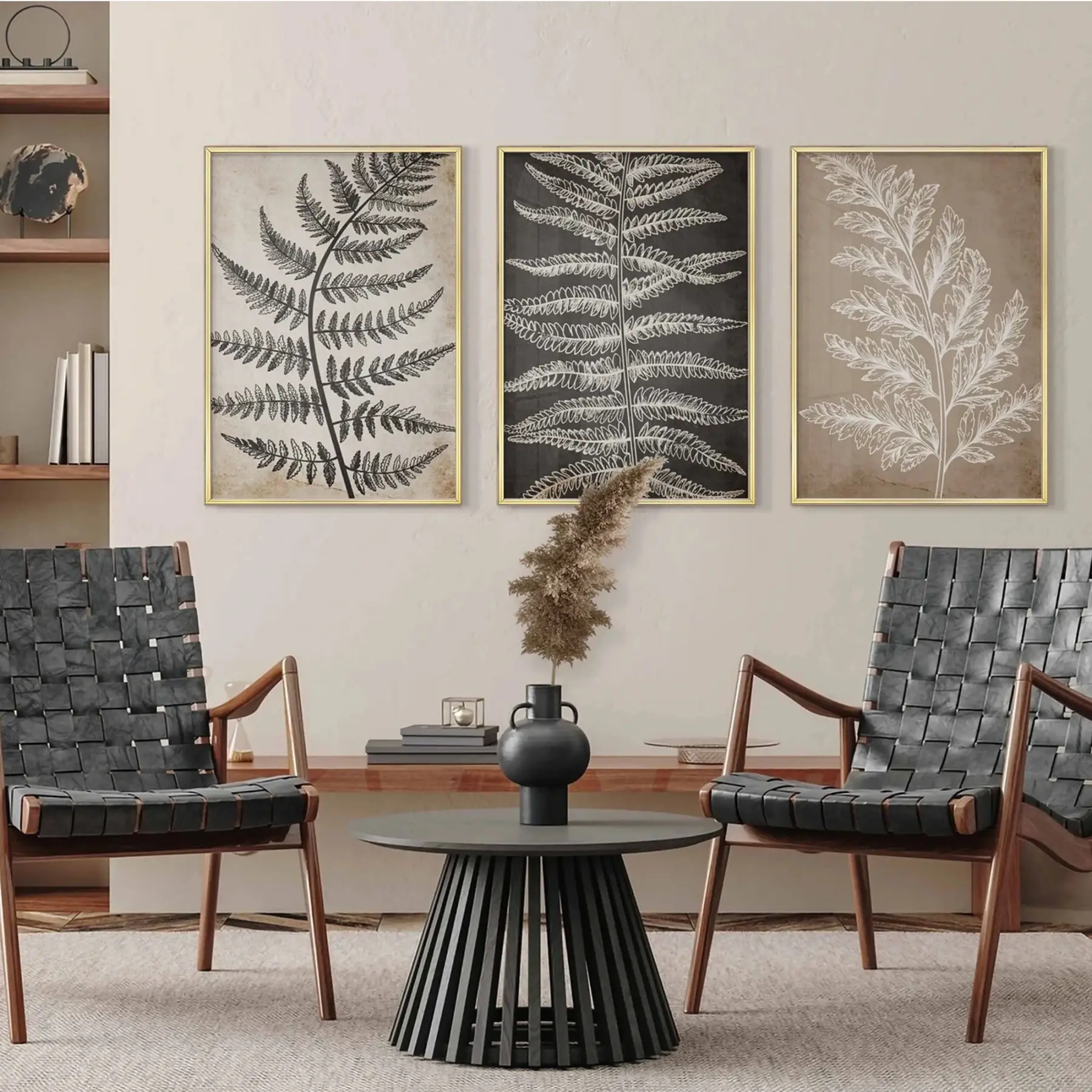 Vintage Siyah-Beyaz Yaprak Desenli Minimalist Gold Metal Çerçeveli Cam Tablo