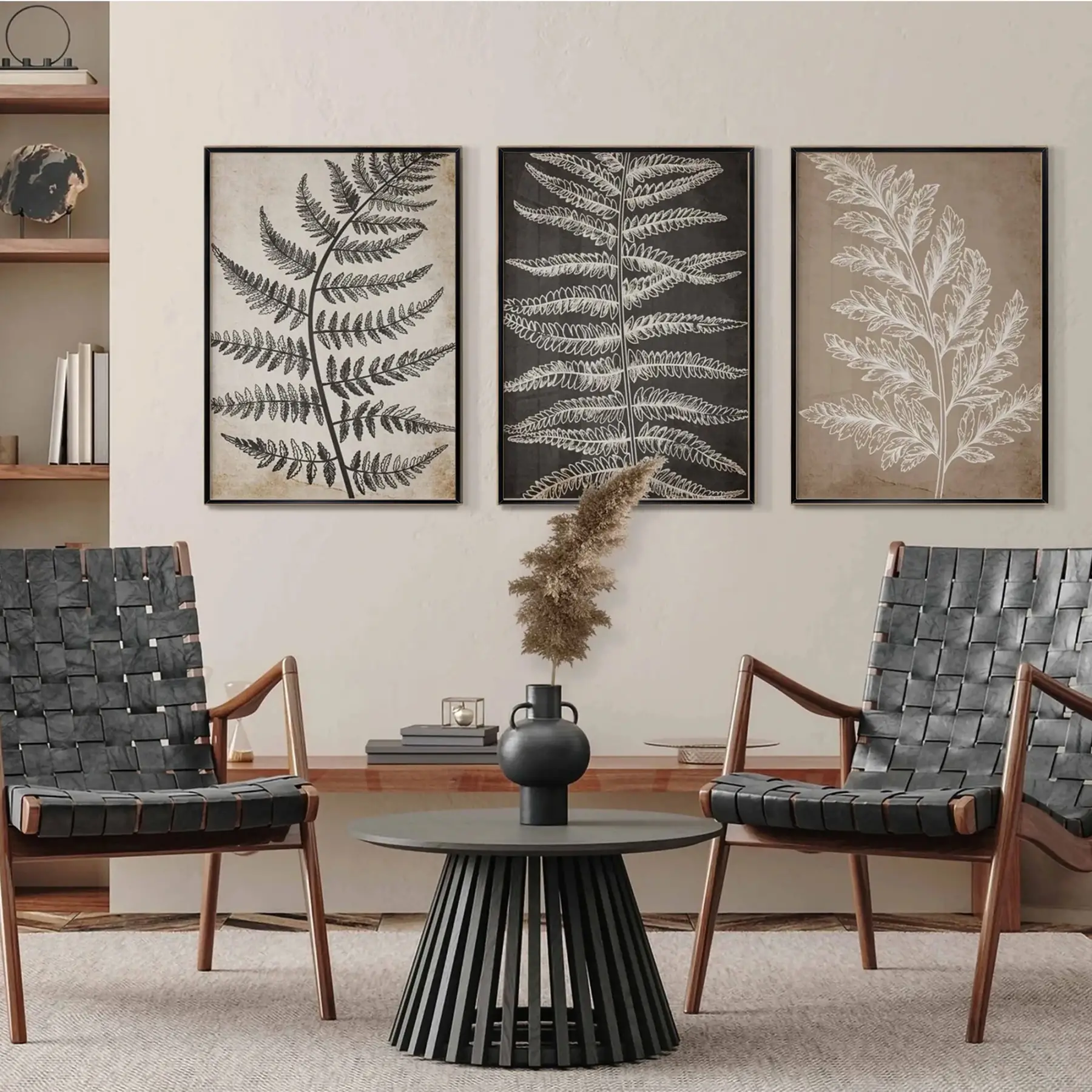 Vintage Siyah-Beyaz Yaprak Desenli Minimalist Siyah Metal Çerçeveli Cam Tablo