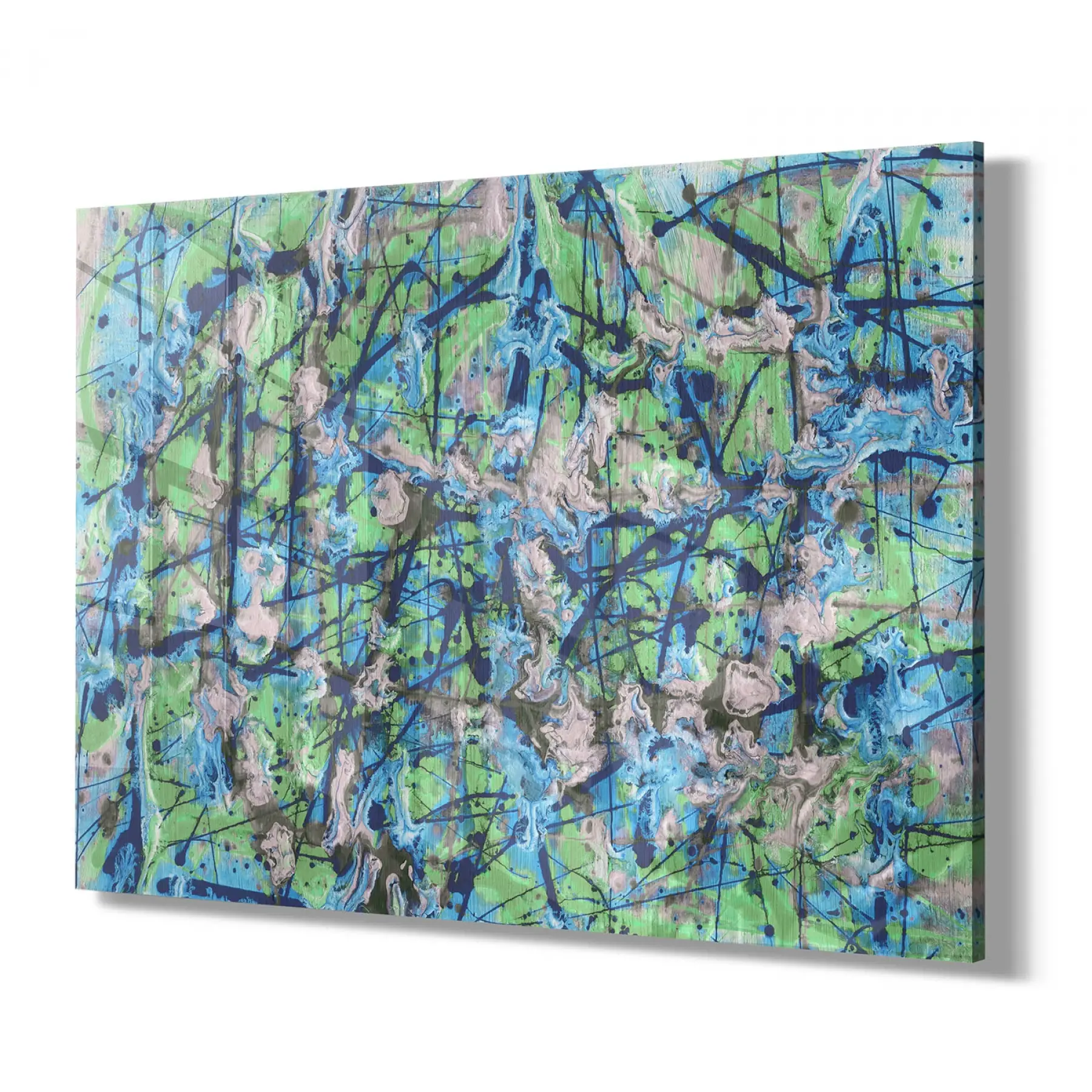 Yeşil Mavi Karışı Desenli Tekli Yatay Cam Tablo