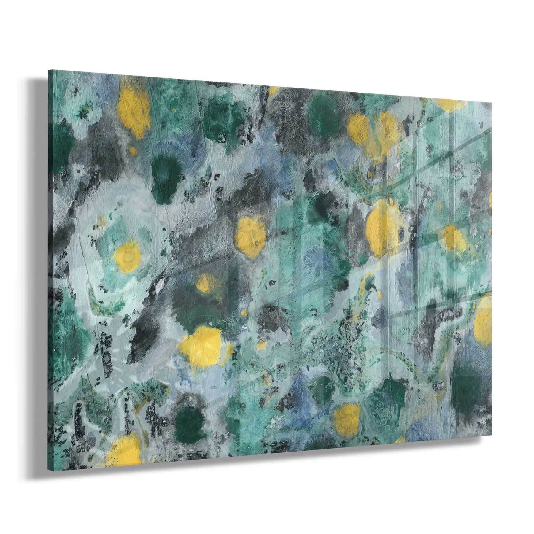 Yeşil Su Damlası Soyut Desenli Tekli Yatay Cam Tablo