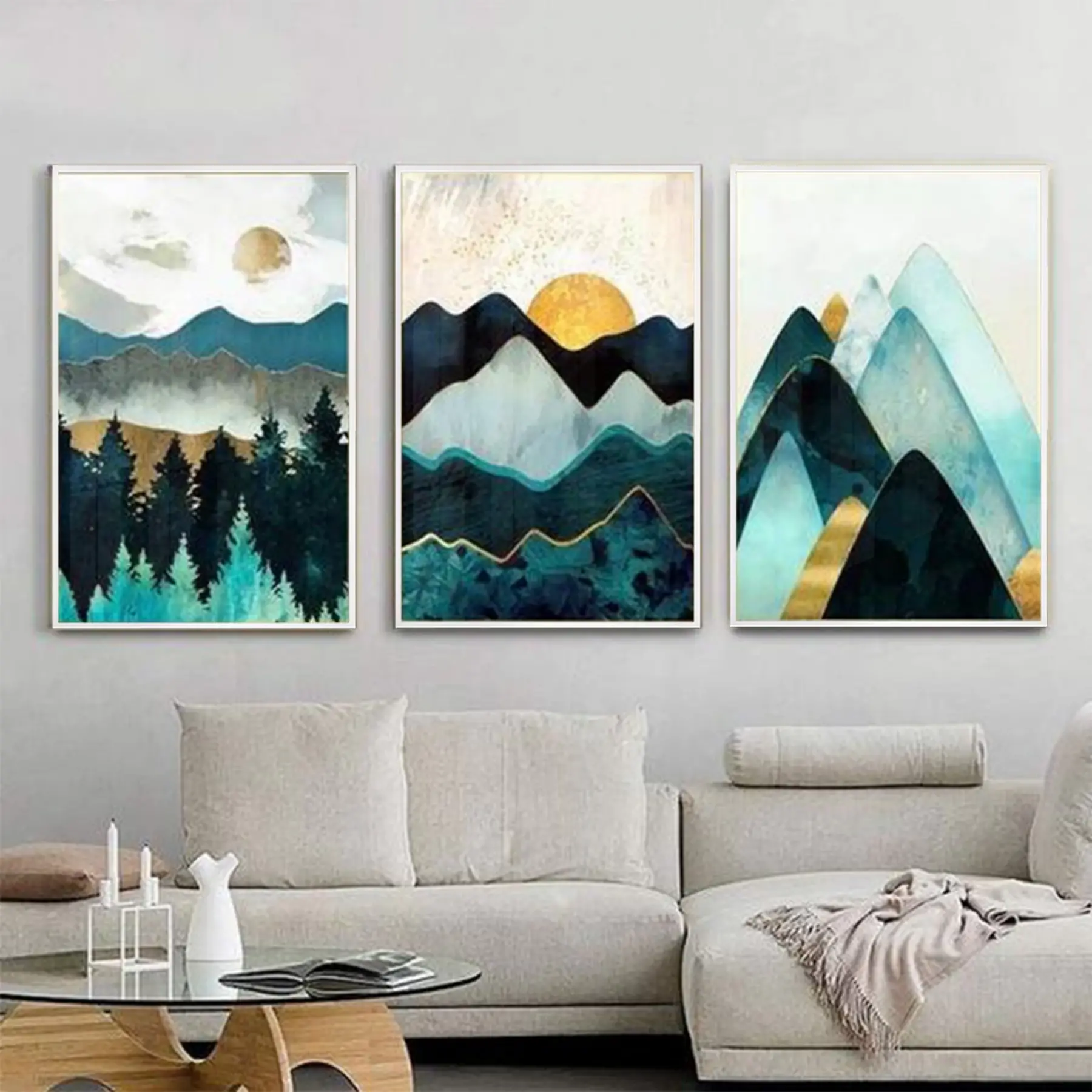 Yeşil Tonlar Geometrik Desenli Metal Çerçeveli Tablo Seti Beyaz