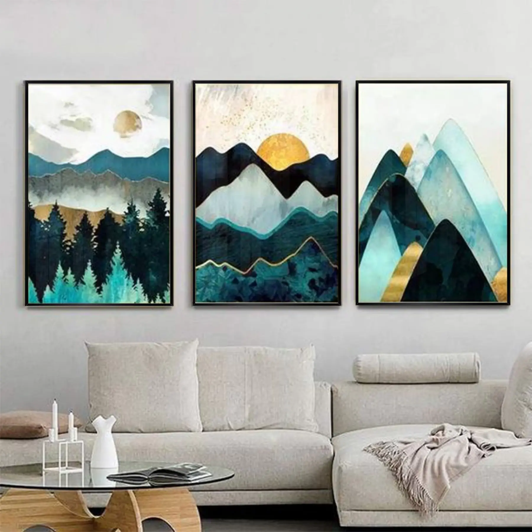 Yeşil Tonlar Geometrik Desenli Metal Çerçeveli Tablo Seti Siyah