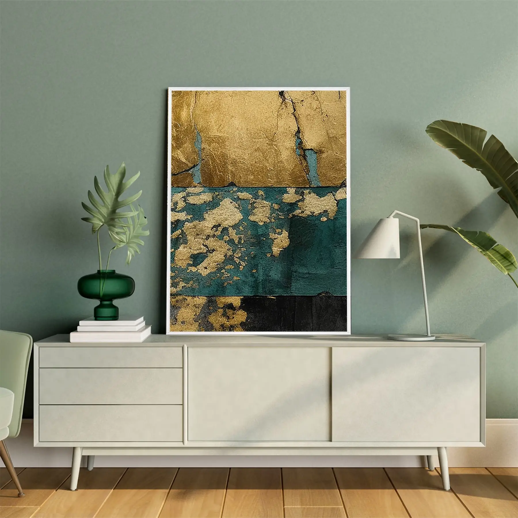 Yeşil ve Altın Desenli Tekli Metal Çerçeveli Tablo