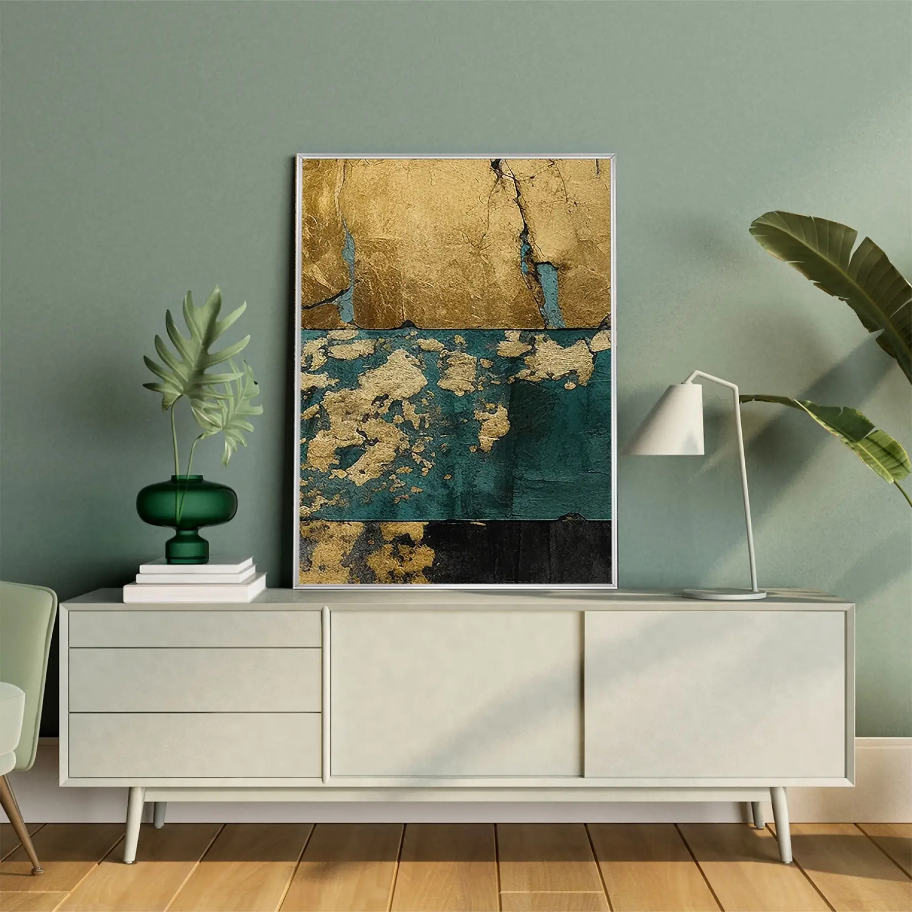 Yeşil ve Altın Desenli Tekli Metal Çerçeveli Tablo