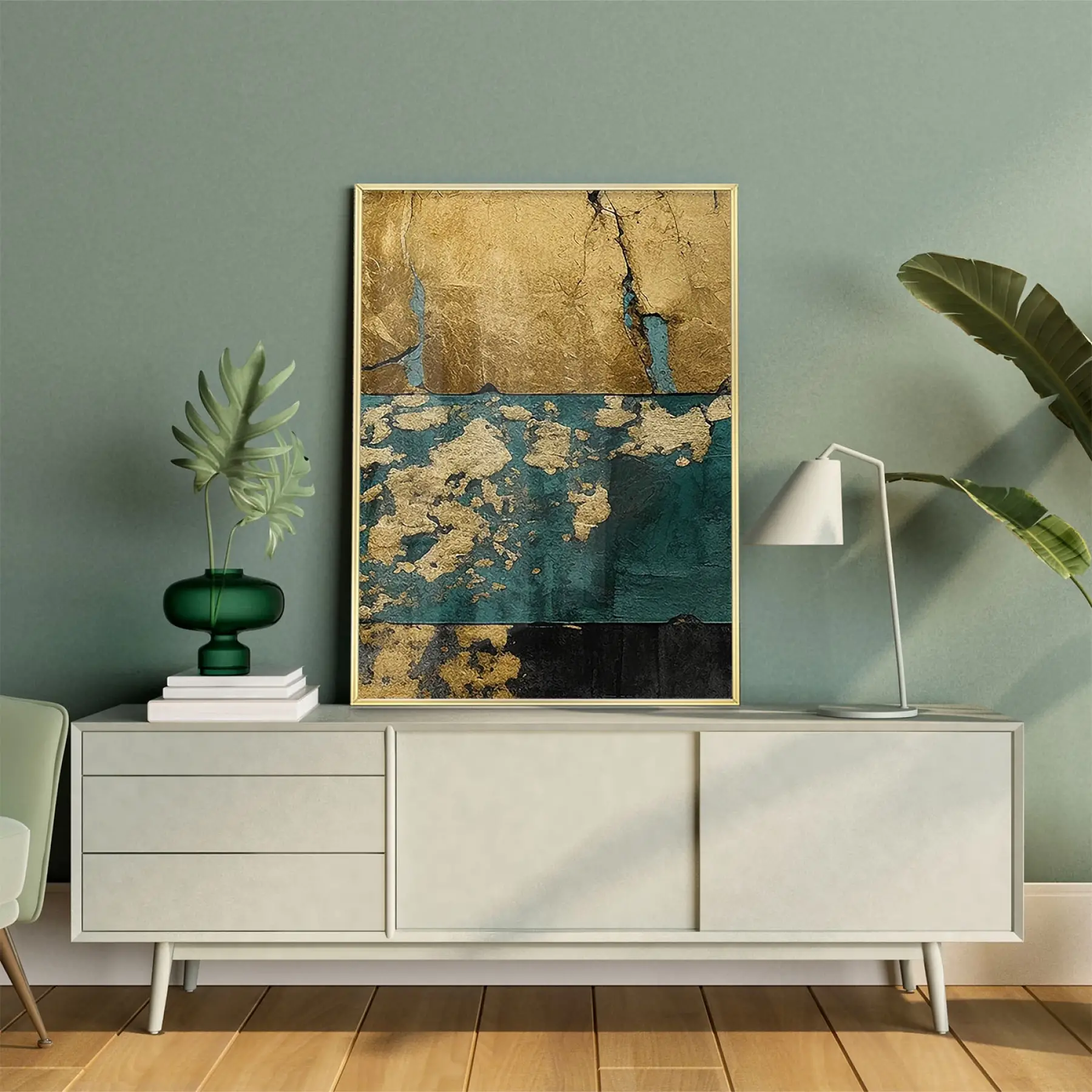 Yeşil ve Altın Desenli Tekli Metal Çerçeveli Tablo