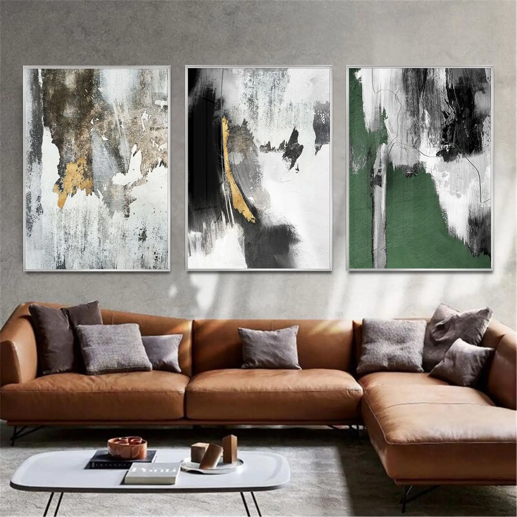 Yeşil ve Gri Tonlar Üçlü Metal Çerçeveli Tablo Seti