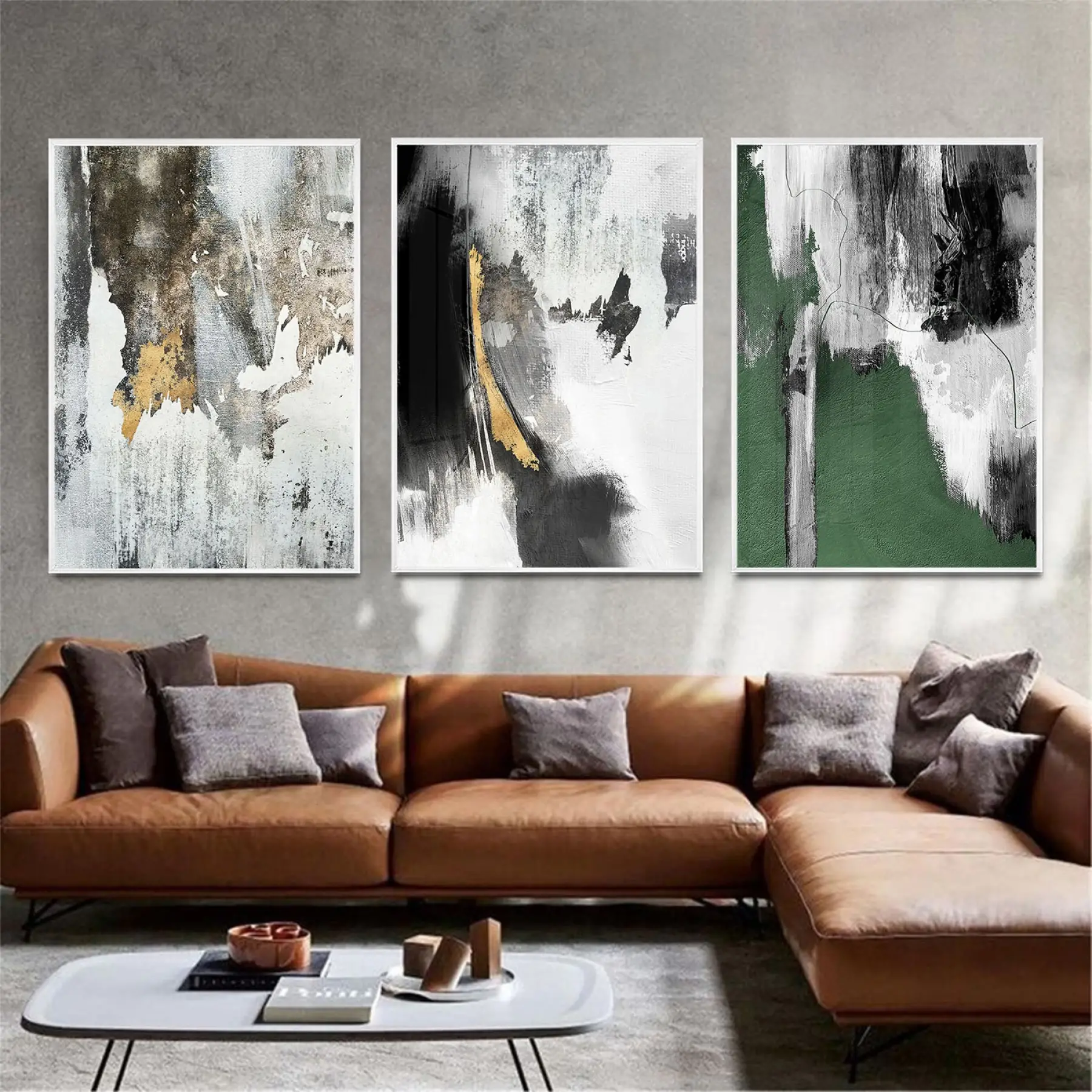 Yeşil ve Gri Tonlar Üçlü Metal Çerçeveli Tablo Seti