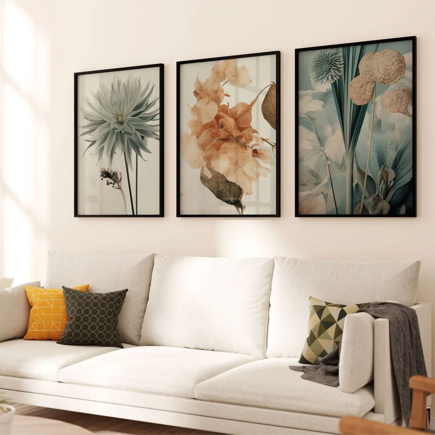 Yeşil ve Turuncu Tonların Uyumu Üçlü Metal Çerçeveli Tablo Seti