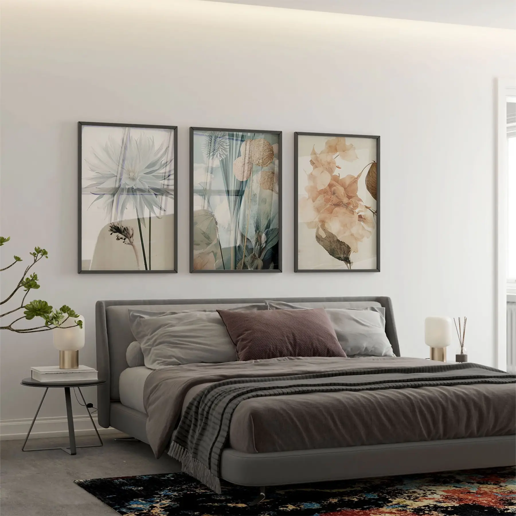 Yeşil ve Turuncu Tonların Uyumu Üçlü Metal Çerçeveli Tablo Seti