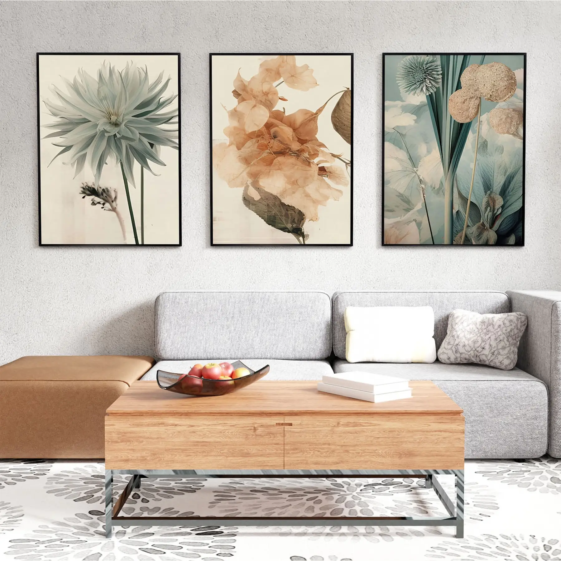 Yeşil ve Turuncu Tonların Uyumu Üçlü Metal Çerçeveli Tablo Seti