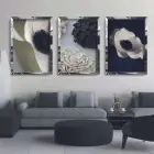 Beyaz Dekoratif Çiçekler Üç Parçalı Gümüş Pleksi Tablo Takımı
