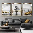 Gri Göl Manzarası ve Sarı Detaylar Gold Pleksi 3lü Çerçeveli Tablo Seti