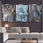 Mavi-gold Modern Çiçek Gümüş Pleksi 3lü Çerçeveli Tablo Seti