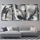 Ayna Çerçeveli Üçlü Gümüş Renkli Çerçeve Soyut Siyah Beyaz Tablo Seti