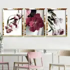 Kırmızı Japon Gülü ve Laleler Gold Pleksi 3lü Çerçeveli Tablo Seti