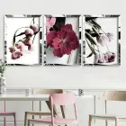 Kırmızı Japon Gülü ve Laleler Gümüş Pleksi 3lü Çerçeveli Tablo Seti