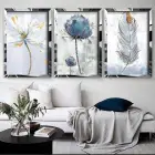 Yağlı Boya Esintileri: Çiçekler ve Kuş Tüyü Üçlü Gold Pleksi Tablo Seti