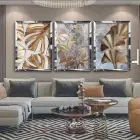 Modern Altın Bitkiler Gümüş Pleksi 3lü Çerçeveli Tablo