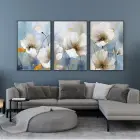 Sakin Bahçe: Beyaz Çiçekler ve Altın Vurgular Üçlü Metal Çerçeveli Tablo Seti