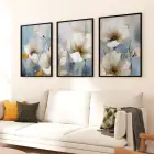 Sakin Bahçe: Beyaz Çiçekler ve Altın Vurgular Üçlü Metal Çerçeveli Tablo Seti