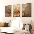 Sıcak Renklerin Dansı: Soyut Çiçek Sanatı Üçlü Metal Çerçeveli Tablo Seti