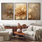 Sıcak Renklerin Dansı: Soyut Çiçek Sanatı Üçlü Metal Çerçeveli Tablo Seti