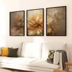 Sıcak Renklerin Dansı: Soyut Çiçek Sanatı Üçlü Metal Çerçeveli Tablo Seti