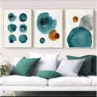 Turkuaz Dönüşüm: Soyut Daireler Üçlü Metal Çerçeveli Tablo Seti
