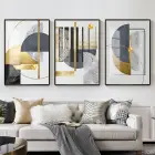 Geometrik Zarafet: Altın ve Siyahın Dansı Üçlü Metal Çerçeveli Tablo Takımı