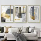 Geometrik Zarafet: Altın ve Siyahın Dansı Üçlü Metal Çerçeveli Tablo Takımı