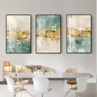 Altın Yansımalar: Soyut Turkuaz Düşler Üçlü Metal Çerçeveli Tablo Seti